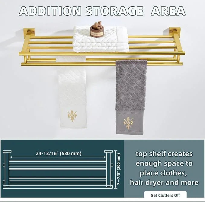 Angle Simple Towel Rack for Bathroom, SUS 304 Stainless Steel Hand Towel Holder with Shelf, Brushed Gold, 27.56 Inches - ModernBath