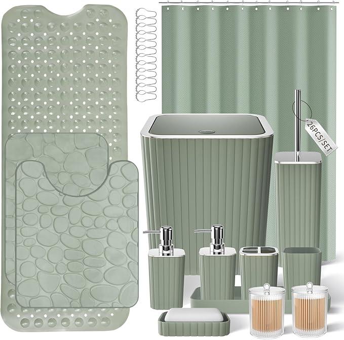 XLHOMO 26PC Bathroom Accessories Set - Gorgeous Bathroom Set, Sage Green Bathroom Accessory Set, Shower Curtain Set with Bathtub Mats for Shower Tub, Trash Can & Soap Dispenser - ModernBath