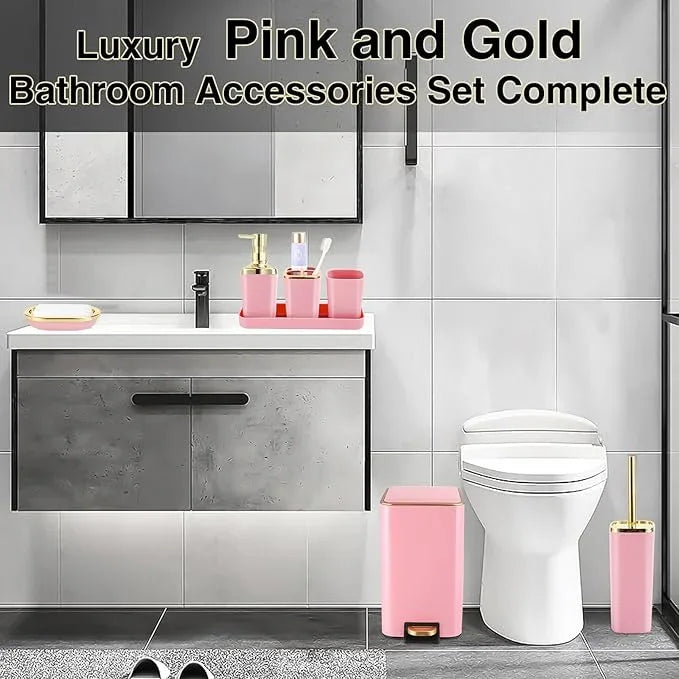XLHOMO Pink Bathroom Accessories Set 8 Piece Pink and Gold Bathroom Set, Bathroom Sets with Stainless Steel Trash Can,Toilet Brush,Toothbrush Set,Soap Dispenser - ModernBath
