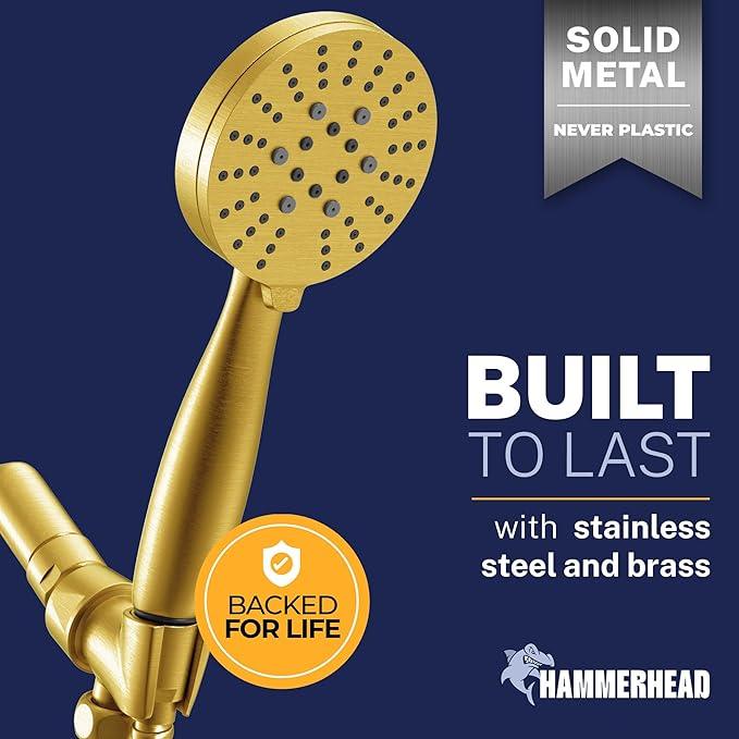 HammerHead Showers® Solid Metal 3-Spray Handheld Shower Head with Long Hose and Holder - BRUSHED GOLD - WIDE, MASSAGE, and MIST Sprays - 1.8 GPM Low Flow Handheld Showerhead - Water Saving Shower Head - ModernBath