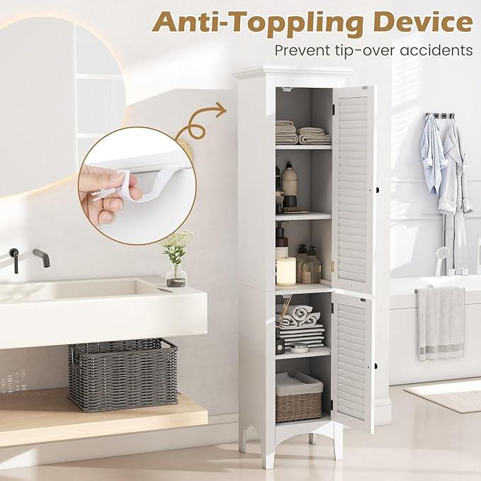 Tangkula 63" Tall Bathroom Storage Cabinet, Freestanding Narrow Linen Tower with Adjustable Shelf, Modern Slim Floor Cabinet with 2 Doors for Bathroom, Living Room, Kitchen (White) - ModernBath