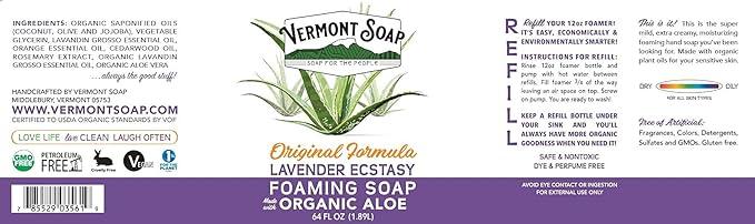 VERMONT SOAP Organic Lavender Foaming Hand Soap - Natural Moisturizing Soap for Dry Skin - Fragrance Free Liquid Bathroom Hand Soap - Lavender- 64 oz - ModernBath