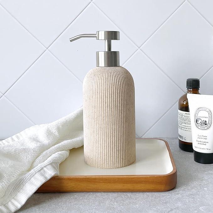 Lunestella Elegant Boho Beige Hand Soap Dispenser with Stainless Steel Pump, for Bathroom and Kitchen, Rust Proof, 7oz - ModernBath