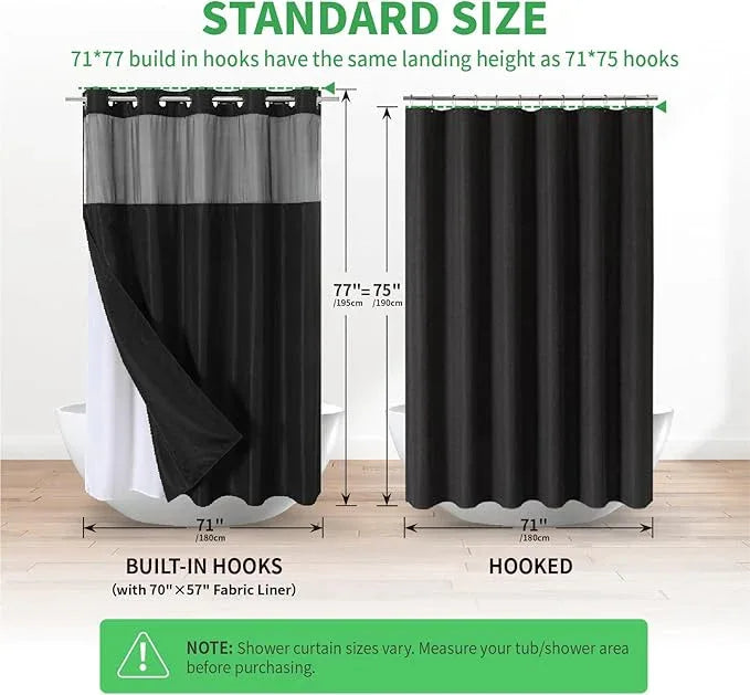 eachope No Hooks Needed Linen Textured Shower Curtain with Snap-in Fabric Liner Set,Black Hotel Luxury Decor Shower Curtains for Bathroom,Waterproof & Washable,71Wx77H - ModernBath
