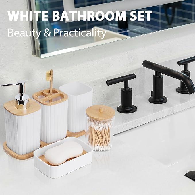 Bathroom Accessory Set - 10 Piece White Bathroom Sets Complete with Trash Can, Toothbrush Holder & Cup, Soap Dispenser, Soap Dish, Toilet Brush & Holder, Vanity Tray, Qtip Holder, Tissue Box Cover - ModernBath