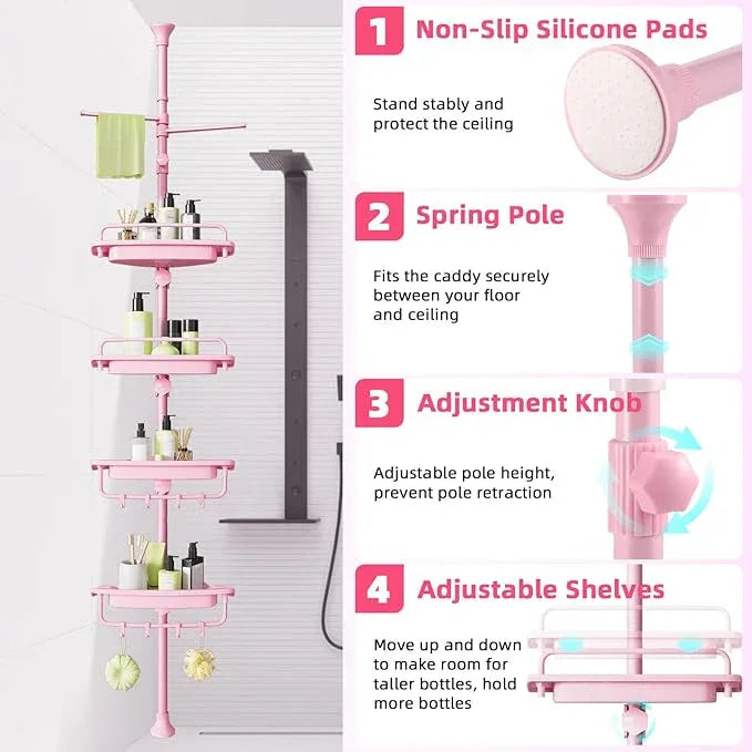 32-122inch Corner Shower Caddy Tension Pole Pink, Rustproof Drill-Free Shower Shelves for Bathroom Bathtub Washbasin, Adjustable Shower Organizer with 4 Tier Patent Stable Shelves & Towel Bars - ModernBath