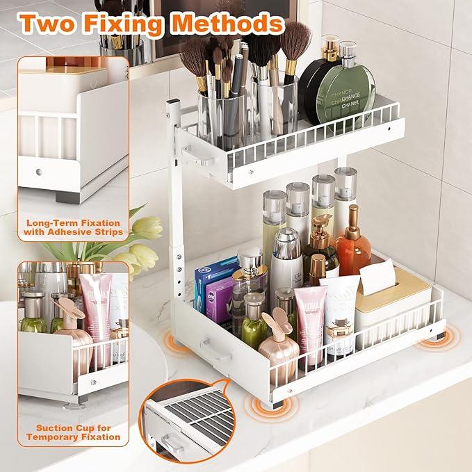 Under Sink Organizer,2 Tier Slide Out Kitchen Cabinet Organizers with Pulley,Under Bathroom Sink Pull Out Organizer with Multiple Height Adjustments for Kitchen and Bathroom Cabinets-White - ModernBath