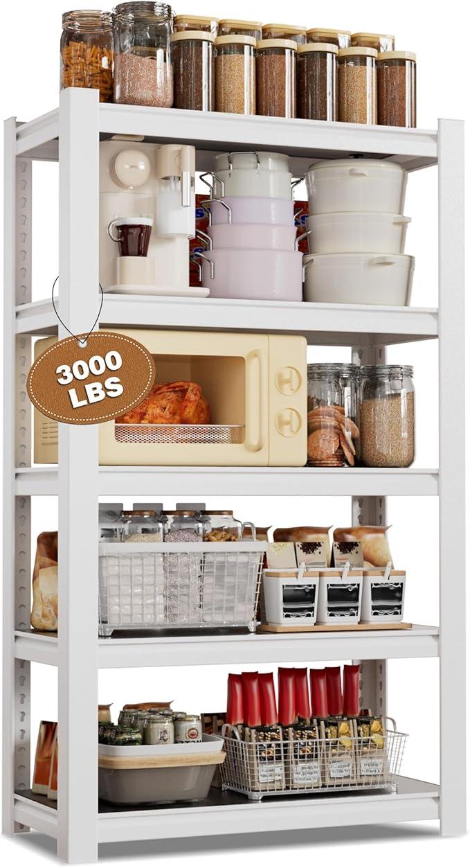 WORKPRO House 5-Tier Shelving Unit, 3000lbs Adjustable Storage Shelves, Boltless Book Shelf, Shelf Organizer for Kitchen, Living Room, Bathroom, Wood Grain Pattern, Waterproof Board, 24-1/10"W, White - ModernBath