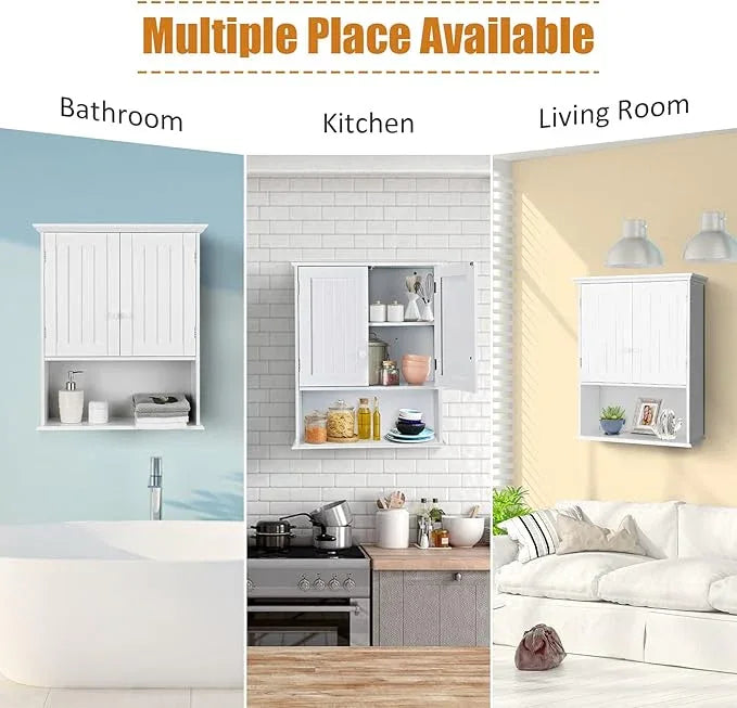 COSTWAY Wall Mounted Bathroom Cabinet, Over The Toilet Storage Cabinet w/Double Doors & Adjustable Shelf, Wood Hanging Medicine Cabinet for Living Room, Entryway, Kitchen (White) - ModernBath
