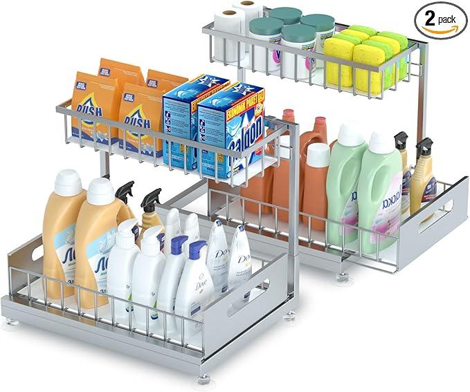 Under Sink Organizer Storage 2-Tier Premium Metal Pull-Out Racks, Height Adjustable, Heavy Dut and Easy Installation for Kitchen & Bathroom Organizers 2 Pack - ModernBath
