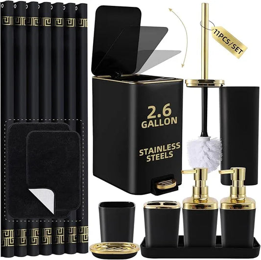 XLHOMO Bathroom Sets with Shower Curtain and Rugs Black Bathroom Accessories Bathroom Set,Soap Dispenser & Toilet Brush Holder Set with Stainless Steel Trash Can - ModernBath