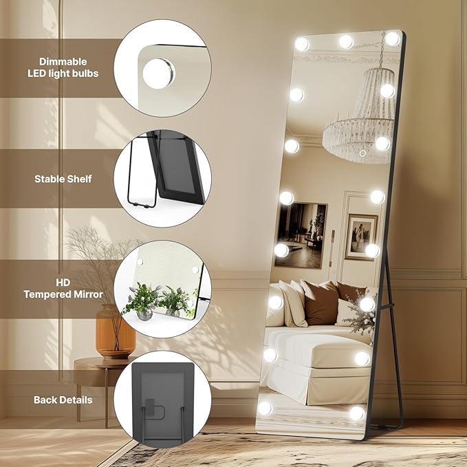 Kosmonia 56x18 Hollywood Full Length Mirror with Light, 17 Dimmable Bulbs & 3 Color Smart Touch Control, Distortion Free, Tempered Glass & Shatter Proof Film, Safe Full Body Mirrors with Stand - ModernBath