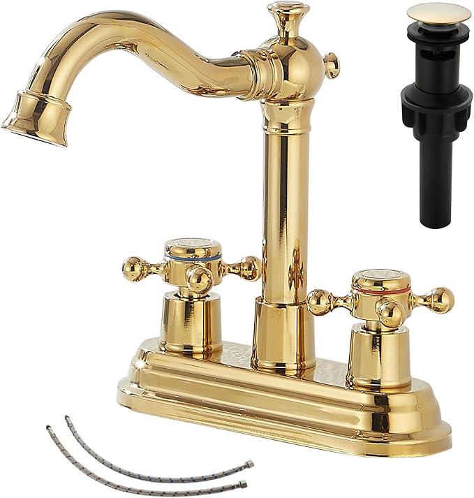 Bathroom Faucet Polished Gold GGStudy 2 Handles 4 Inches Centerset Bathroom Vanity with Drain Assembly and Supply Hose Lavatory Faucet Mixer Double Handle Tap - ModernBath