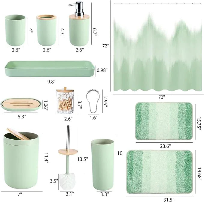iMucci Bathroom Accessories Green Bathroom Sets with Shower Curtain and Rug, Green Ombre Waterproof Shower Curtain with Ultra Absorbent Rug Bathroom Accessories Set for Home Decor - ModernBath
