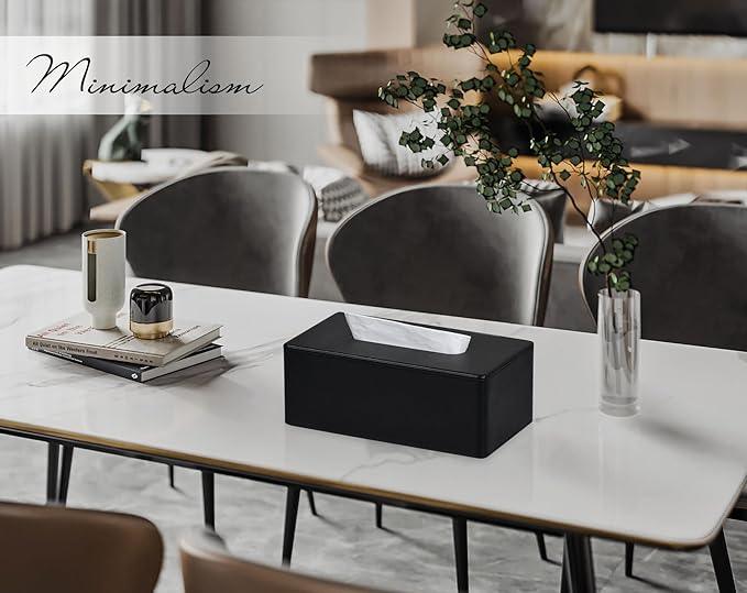 GOLRANLYE Tissue Box Cover Rectangular 9.8"(L) x 5.3"(W) x 4.3"(H) Refined Modern PU Leather Facial Tissue Dispenser Box Holder for Dresser Bathroom Decorative (Black) - ModernBath