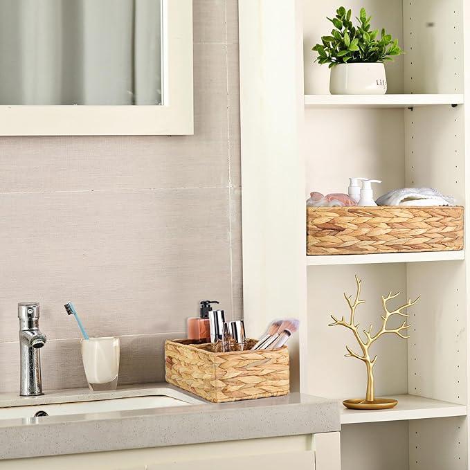 Vagusicc 2 Section Wicker Storage Basket, Set of 2 Hand-woven Water Hyacinth Storage Baskets, Toilet Tank Basket, Small Wicker Baskets, Woven baskets, Baskets for Organizing Storage Shelves, 2-Pack - ModernBath