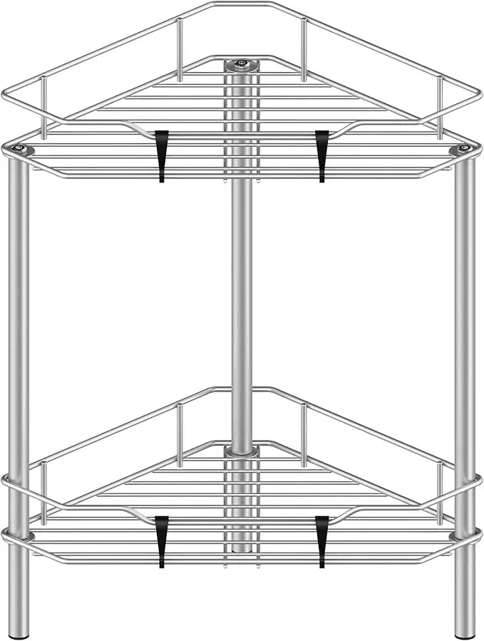 2 Tier Floor Standing Corner Shower Caddy Organizer Shelf with Hooks, Bathroom Shelves Stand Rack, Gray - ModernBath