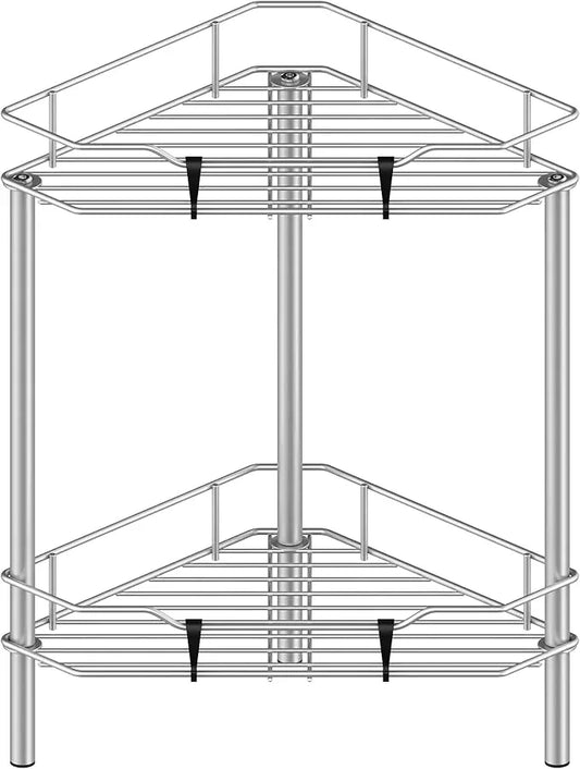 2 Tier Floor Standing Corner Shower Caddy Organizer Shelf with Hooks, Bathroom Shelves Stand Rack, Gray - ModernBath