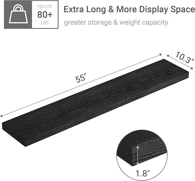 Vivelove 55x10.3 Long Floating Shelves for Wall, Storage Shelf for Living Room, Kitchen, Farmhouse, Wall Shelves with Invisible Brackets,Set of 1, Black - ModernBath