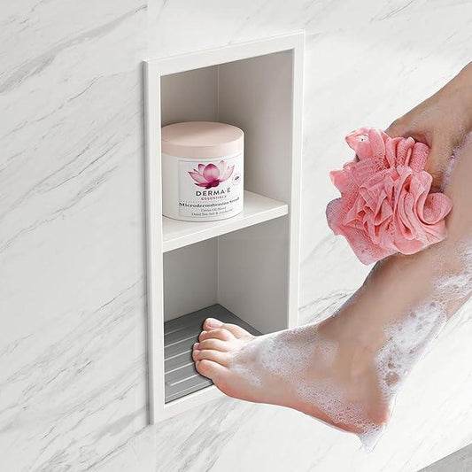 Qeke Shower Foot Rest for Shaving Legs, 304 Stainless Steel Footrest Niche with Shaving Holder, Recessed Shower Niche for Shaving Legs, Matte White, 5.9" X 12.3" - ModernBath