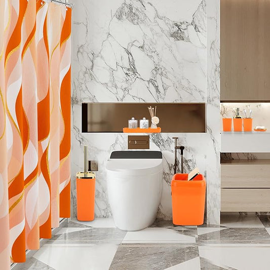 XLHOMO Orange Bathroom Accessories, Bathroom Sets with Stripe Shower Curtain, Orange and Gold Bathroom Accessories Set with Trash Can, Soap Dispenser, Soap Dish, Qtip Holders for Bathroom