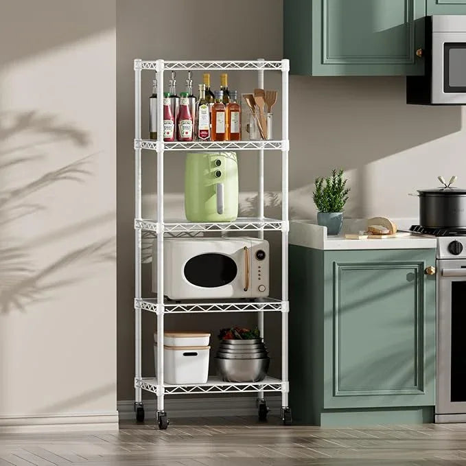 SINGAYE 5 Shelves Storage Shelf Wire Closet Bathroom Organizers Metal Pantry Kitchen Small Garage Shelving Unit Laundry Room Organization Home Narrow Rack Net Basket with Wheels White - ModernBath
