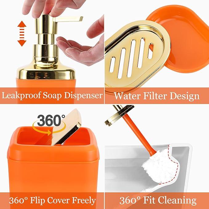 XLHOMO Bathroom Set - Orange and Gold Bathroom Accessories, Bathroom Sets with Shower Curtain and Rugs, Orange Shower Curtain Set with Bathroom Trash Can, Soap Dispenser, Soap Dish for Home Decor - ModernBath