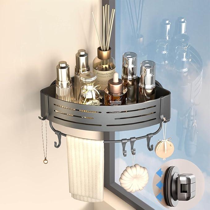 Onemake Corner Shower Caddy Suction Cup, Aluminum Wall Mounted Organizer Shelves Storage Rack with Towel Bar for Small Bathroom Grey - ModernBath