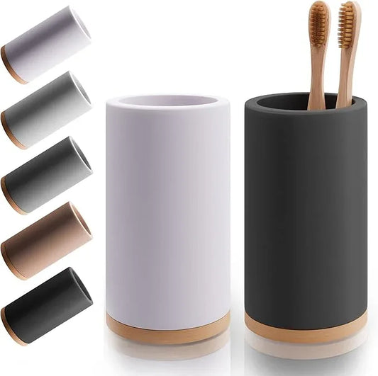 Matani Bamboo Toothbrush Holder Diatomite Tooth Brush Organizer - Storage Stand for Small Bathroom & Counter - Removable Base & Drain Holes, Water-Absorbent & Quick-Drying (Off White & Black) - ModernBath