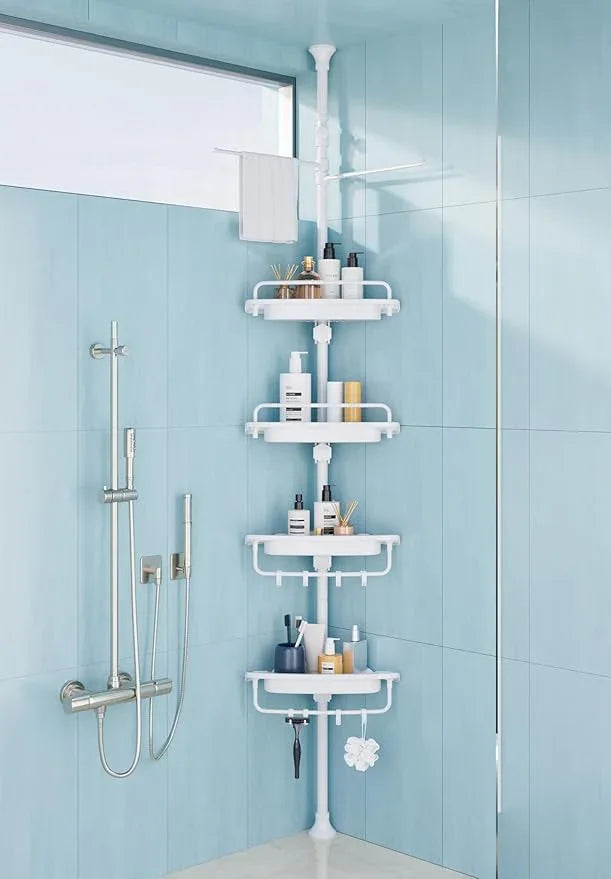 32-122inch Corner Shower Caddy Tension Pole All White, Rustproof Drill-Free Shower Shelves for Bathroom Bathtub Washbasin, Adjustable Shower Organizer with 4 Tier Patent Shelves & Towel Bars - ModernBath
