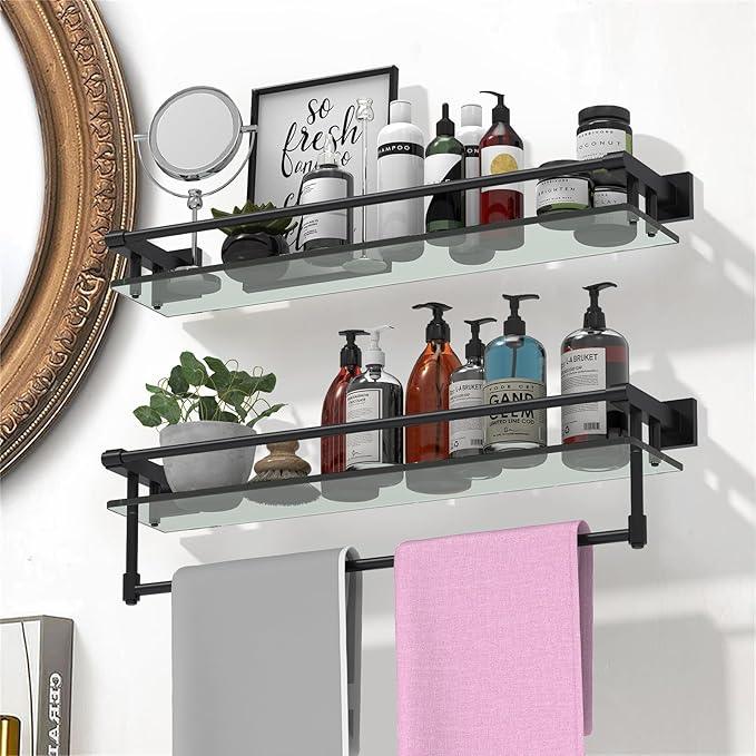 Glass Shelf for Bathroom Wall Sheves 24 inch Rectangular Stainless Steel Tempered Glass Modern Stainless Steel Wall Mount Accessories Organizers Storage (Matte Black) - ModernBath