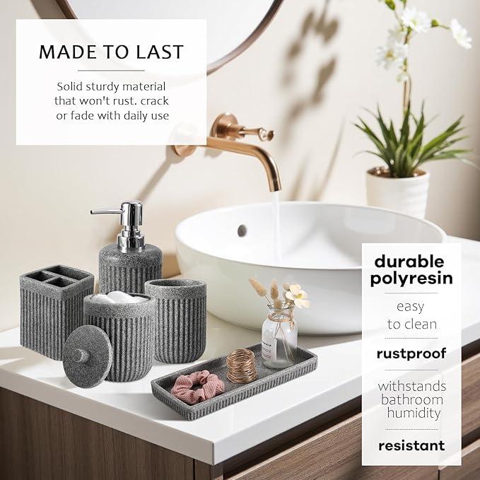 XLHOMO 8-Piece Grey Bathroom Set - Resin Bathroom Accessories Sets Complete with Shower Curtain and Rugs, Soap Dispenser, Toothbrush Holder, Tumbler & Apothecary Jars - ModernBath