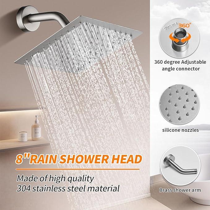Brushed Nickel Shower Faucet Single Function Trim Kit with Rough-in Valve Set Bath Rainfall Shower System 8inch Square Stainless Steel Metal Shower Head - ModernBath