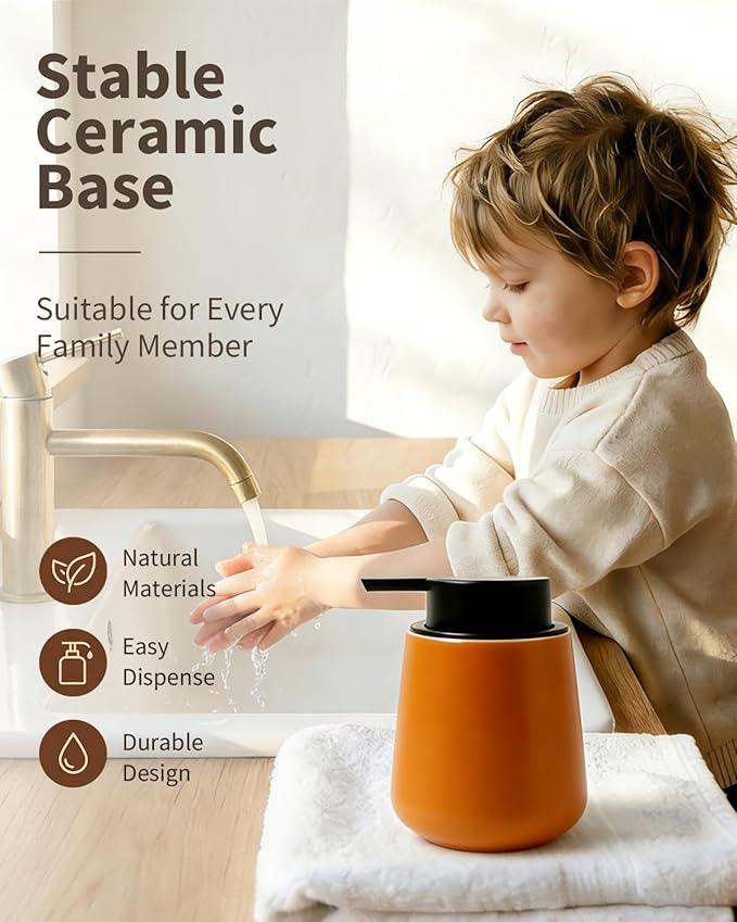 BosilunLife Bathroom Accessories Set 3 pcs - Bathroom Ceramic Foaming Soap Dispenser Set Farmhouse Bathroom Decor, Foam Soap Dispenser and Toothbrush Holder with Tray, Orange - ModernBath