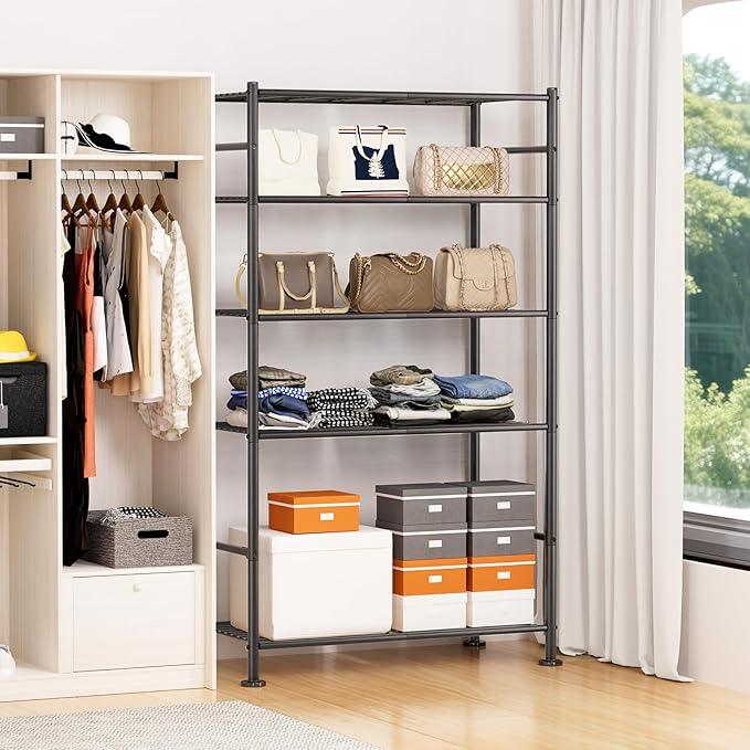 5 Tier Shelf Organizer Rack, Metal Shelving Unit with Adjustable Leveling Feet, Space-Saving Storage Shelves for Garage Closet Laundry Bathroom Kitchen Pantry, 33.07”Wx12.6”Dx72.04”H,Black - ModernBath