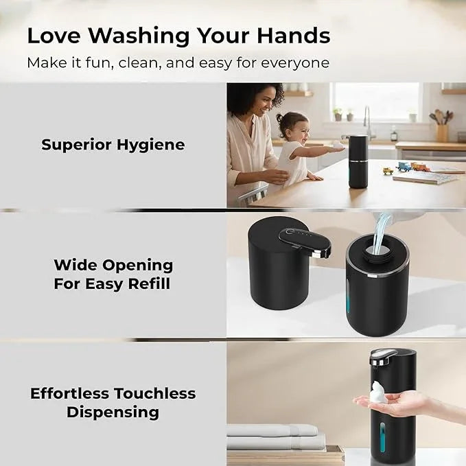 Heione Automatic Touchless Foam Soap Dispenser, Black, 12.8 oz / 380 mL, USB C Rechargeable, Infrared Motion Sensor, Suitable for Bathrooms, Sinks, Kitchen, Wall Mount or Countertop (Black (Foamy)) - ModernBath