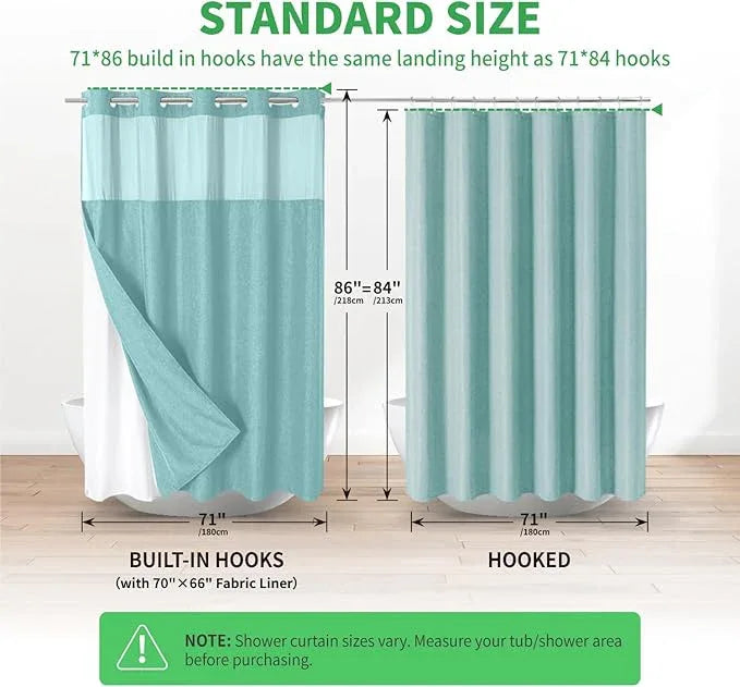 eachope Extra Long No Hooks Needed Linen Textured Shower Curtain with Snap-in Fabric Liner Set,White Hotel Luxury Decor Shower Curtains for Bathroom,Waterproof & Washable,71Wx86H,Teal - ModernBath