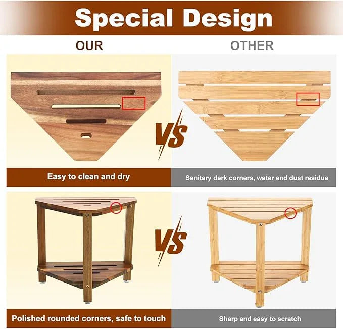 IBosins Corner Shower Stool with Storage Shelf Shower Foot Rest for Shaving Legs Small Bench for Inside Shower to Sit on Bath Seat - Acacia Wood - ModernBath