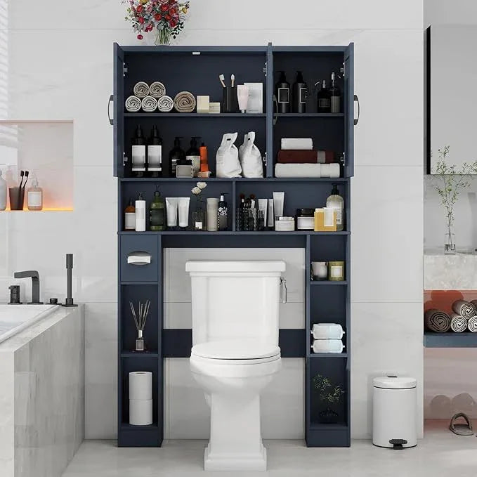 Over The Toilet Storage Cabinet, Farmhouse Toilet Cabinet Rack with 3 Barn Doors, Space Saving Bathroom Organizer with Shelves, Toilet Paper Holder and Towel Rack for Bathroom,Restroom,Laundry,Blue - ModernBath