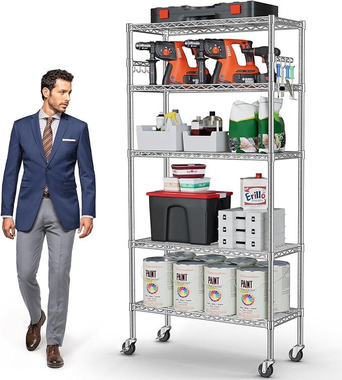 YNN Storage Shelves,1750Lbs 5 Tier Heavy Duty Metal Rolling Shelving Unit with Wheels & 8 Hooks, Adjustable Garage Wire Rack for Kitchen, Bathroom,Industrial,Pantry(36" W x 14" D x 72" H, Chrome) - ModernBath
