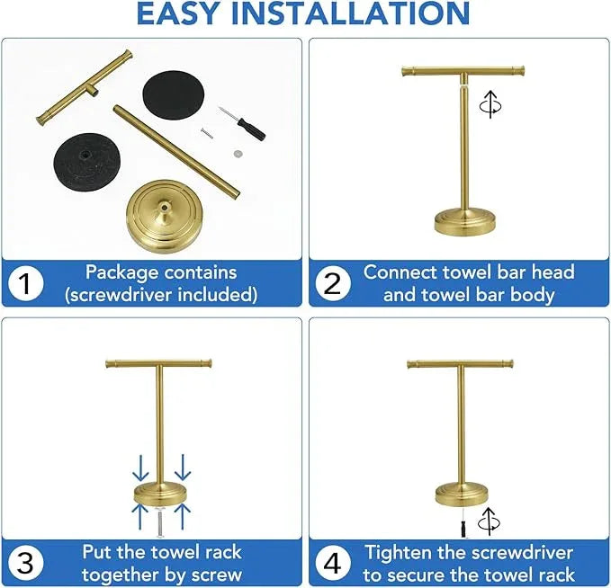 RUMOSE 13 Inch Brushed Gold Towel Stand Hand Towel Holder Bathroom Kitchen Vanity Countertop T-Shape Towel Rack Free Standing Stainless Steel Towel Bar Towel Ring - ModernBath