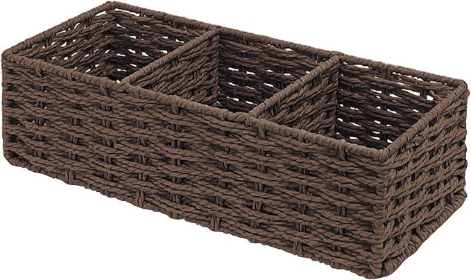 Seagrass Wicker Basket for Toilet Tank Top, 3-Compartment Handwoven Bathroom Organizer for Toilet Paper, Pads, and Accessories (1, Walnut) - ModernBath