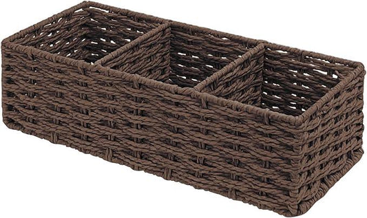 Seagrass Wicker Basket for Toilet Tank Top, 3-Compartment Handwoven Bathroom Organizer for Toilet Paper, Pads, and Accessories (1, Walnut) - ModernBath
