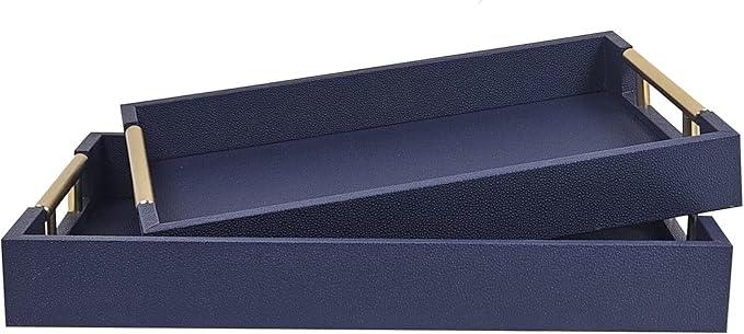 Set of 2 Wood Serving Tray with Gold Polished Metal Handles, Home Decorative Wooden Rectangle Ottoman Leather Decor Platter Bathroom Vanity Tray for All Occasions (Blue) - ModernBath