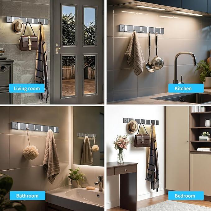 Wall Mount Lighted Folding Coat Hooks, Stainless Steel 6 Hooks Rack with Motion Sensor LED Light for Wall Coat Hanger Bathroom Shower Entryway Living Room Bedroom - ModernBath