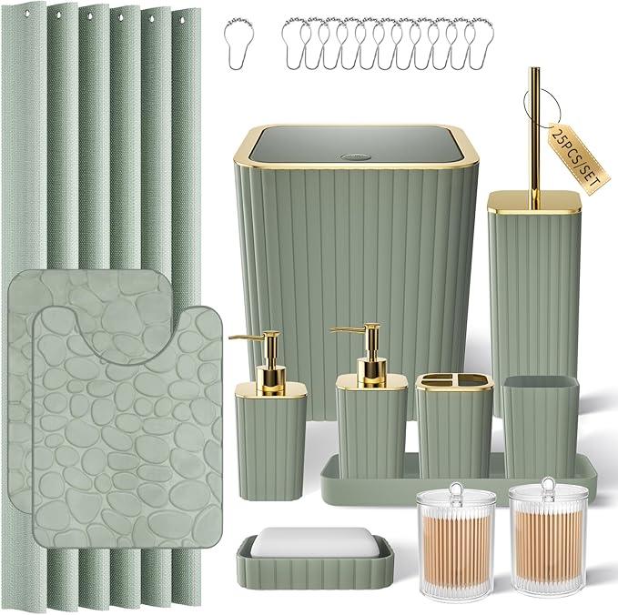 XLHOMO Bathroom Accessories Set - 25PC Sage Green Bathroom Set, Bathroom Set with Shower Curtain and Rugs, Sage Green Shower Curtain Set, Bathroom Accessory Set, Trash Can & Soap Dispenser - ModernBath