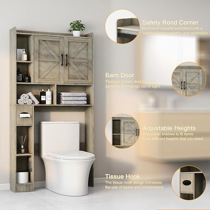 Vabches Over The Toilet Storage Cabinet, Farmhouse Storage Cabinet Over Toilet with 2 Barn Door & Toilet Paper Holder Stand，Home Space-Saving Toilet Rack, for Bathroom, Restroom, Laundry - ModernBath