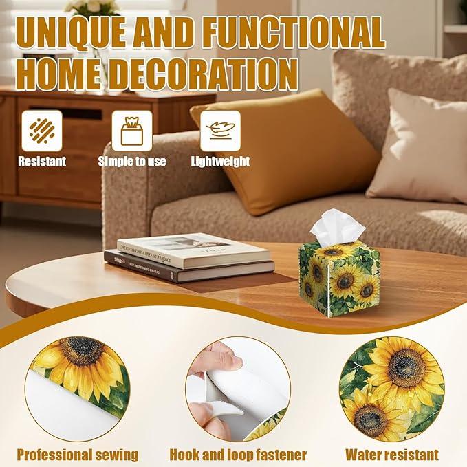 Watercolor Sunflower Tissue Box Cover 2PCS, Leather Tissue Box Holder Square Facial Paper Case Tissue Box Cube Organizer for Bathroom Bedroom Desk Office - ModernBath