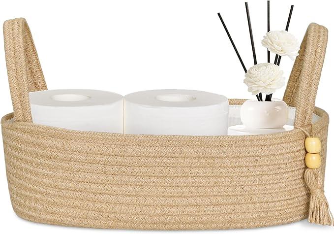 ABenkle Small Storage Basket for Toilet Tank Top - Jute Rope Woven Organizer with Handle, Boho Countertop Bathroom Decor, Toilet Paper Holder, 13x6x4 Inch - ModernBath