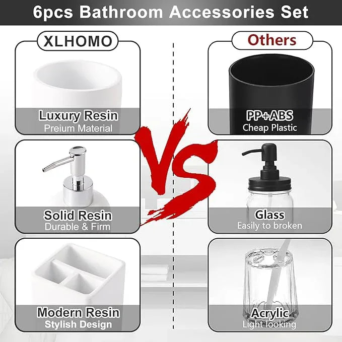 Resin 6 Pcs White Bathroom Set Complete with Toothbrush Holder, Lotion Soap Dispenser, 2 Qtip Holder Dispensers,Vanity Tray,Bathroom Tumbler - Countertop Vanity Organizer - Bathroom Accessories Set - ModernBath